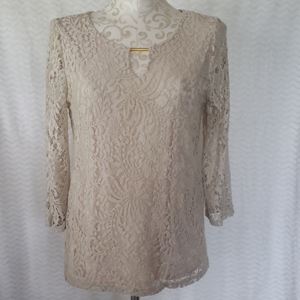 Sarah Michele dressy tan colored lace top